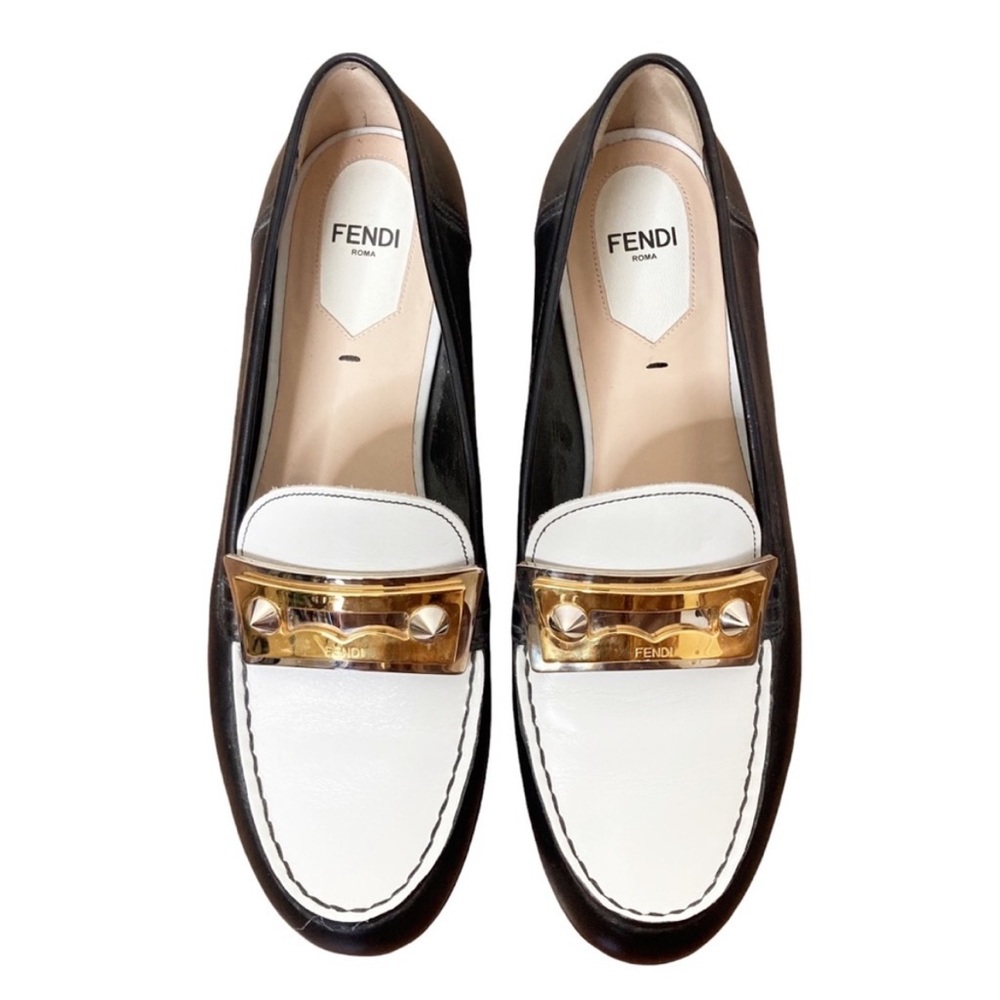 Fendi Black and White Loafer with metal hardware.